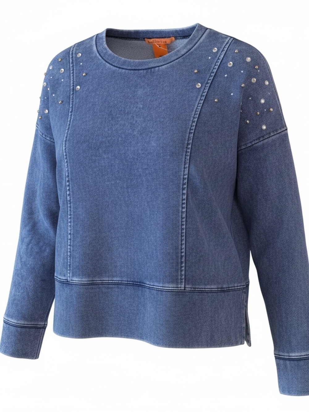 Belldini Blue Denim-Effect Pearl-Stud Sweatshirt